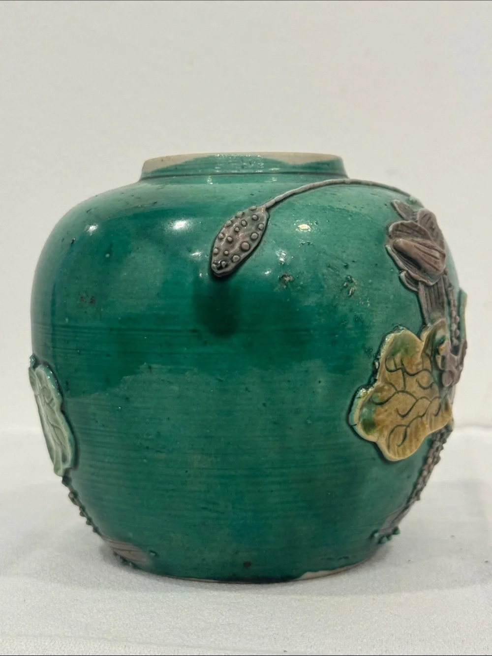 Antique Chinese Wang Bingrong Green Relief Porcelain Ginger Jar Crane & Lotus 4”
